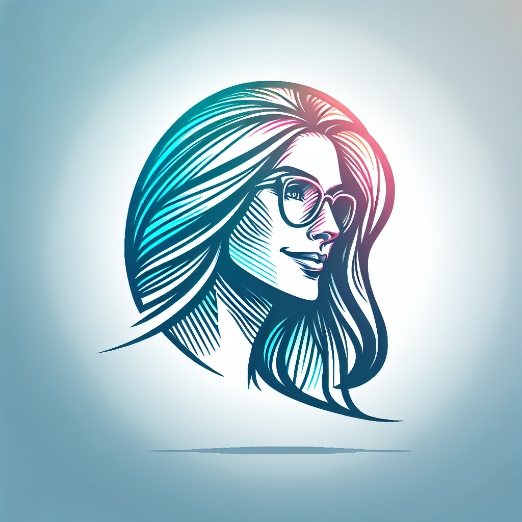 A logo for a website with a middle-age focus, featuring a close-up of a woman's face with smile and longhair in profile with glasses, conveyed in colorful lines [with a touch of elegance] [and a sense of confidence].The bottom of the logo is transparent, sketch style.